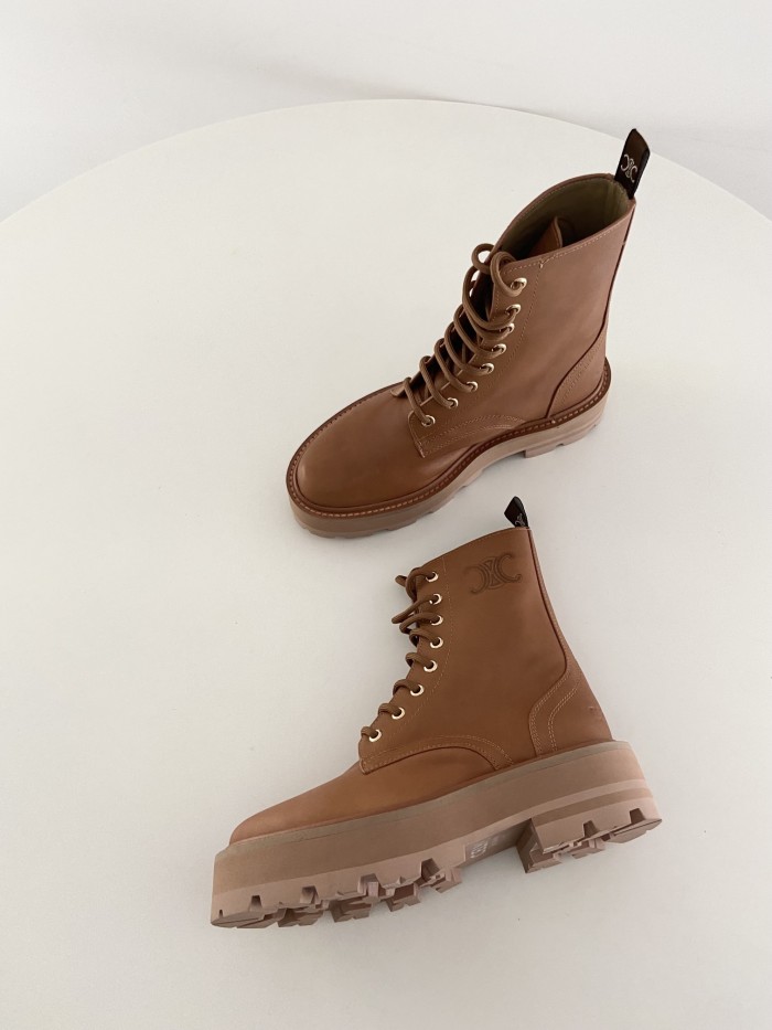 NIGO Celine Bulky Women's Solid Color Comfortable Leather Thick Sole Lace-Up Mid-Length Boots Shoes #nigo73715