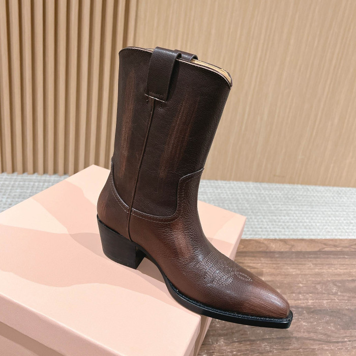 NIGO MiuMiu Women's Autumn/winter Fashion Classic Solid Color Retro Leather Pointed Toe High Heel High Boot Shoes #nigo78435