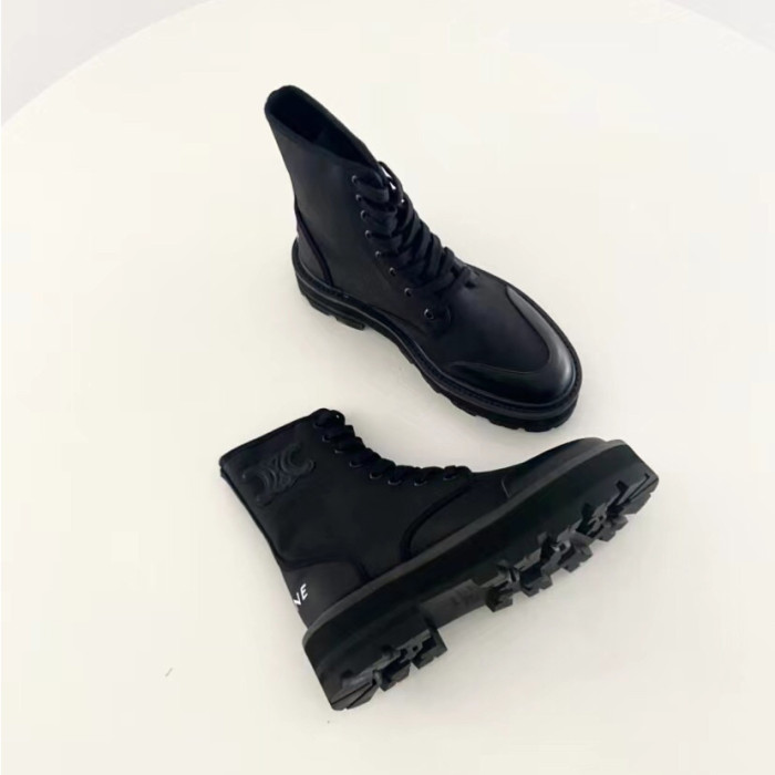NIGO Celine Bulky Women's Solid Color Comfortable Leather Thick Sole Lace-Up Mid-Length Boots Shoes #nigo73715