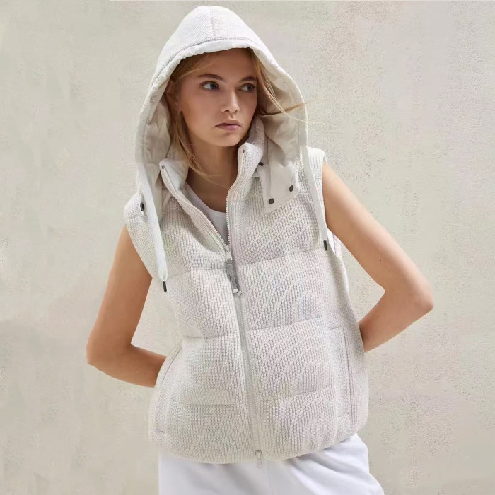 NIGO Brunello Cucinelli Women's Fall/winter Cotton British Ribbed Knit Down Vest Hooded Drawstring Sleeveless Jacket Ngvp #nigo2417
