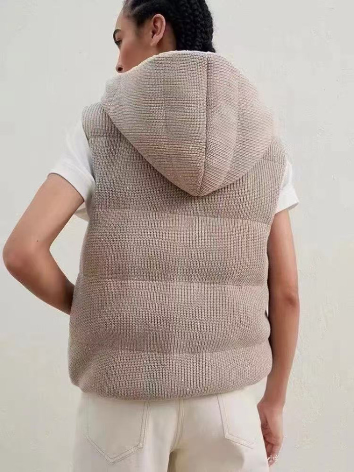 NIGO Brunello Cucinelli Women's Fall/winter Cotton British Ribbed Knit Down Vest Hooded Drawstring Sleeveless Jacket Ngvp #nigo2417