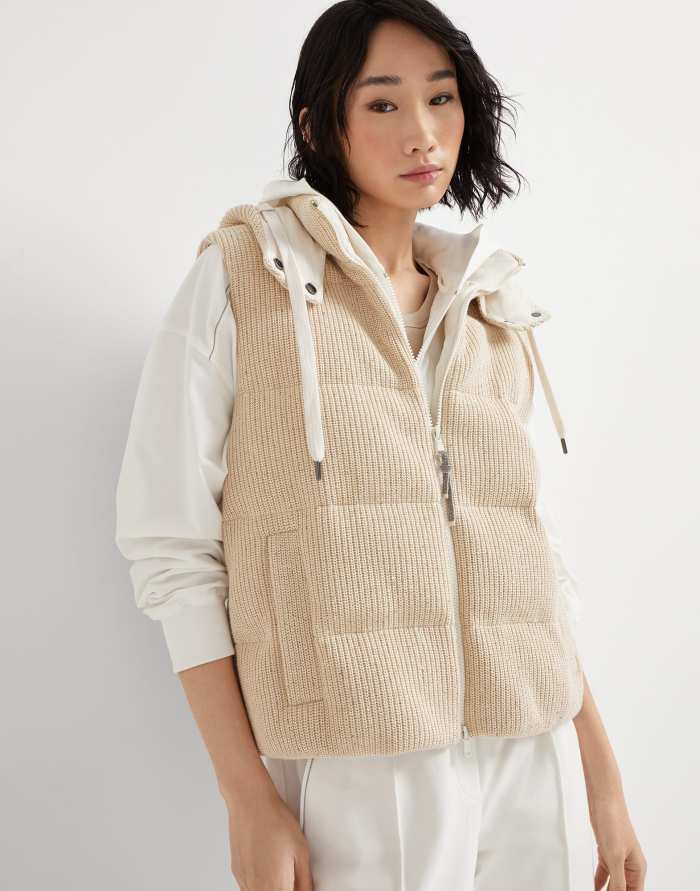NIGO Brunello Cucinelli Women's Fall/winter Cotton British Ribbed Knit Down Vest Hooded Drawstring Sleeveless Jacket Ngvp #nigo2417