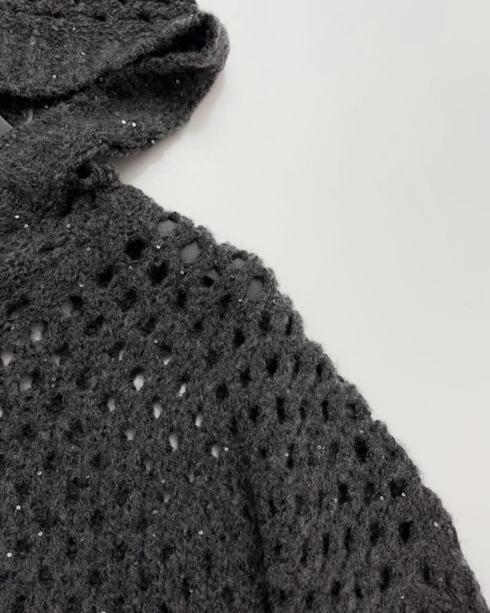 NIGO Brunello Cucinelli Women's Spring/Fall Vintage Sequined Lace-Up Oversized Zipper Knit Hooded Cardigan Ngvp #nigo2311