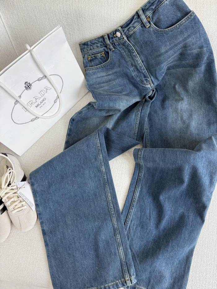 NIGO Prada Women's Spring And Fall Five-pocket Jeans Loose Retro Washed Fashion Elegant Triangle Metal Emblem Logo Straight Long Denim Pants  #nigo81442