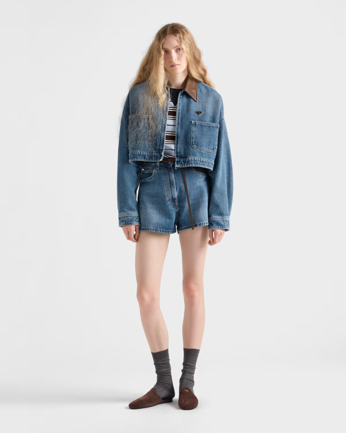 NIGO Prada Women's Vintage Patchwork Leather Collar Spring/Fall Solid Color Logo Zipper Short Cotton Denim Jacket #nigo81525