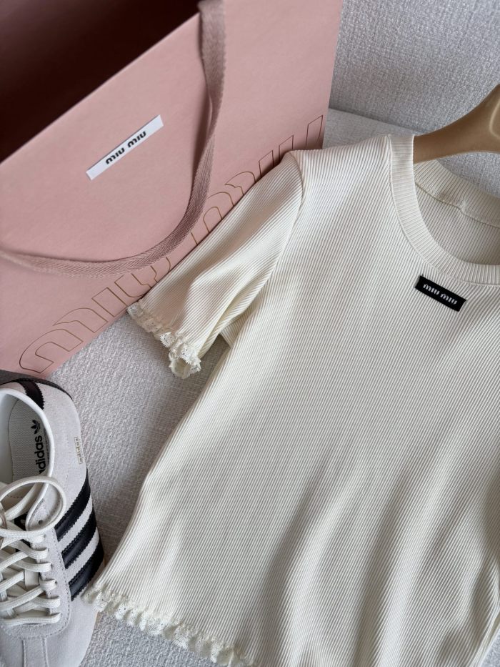 NIGO MiuMiu Lace White Knitted T-shirt Women's Spring And Summer Fashionable And Elegant Slim Patch Logo Round Neck Short-sleeved T-shirt Tops #nigo81439