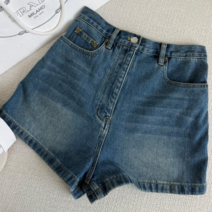 NIGO Prada Women's Summer High-Waisted Solid-Color Cotton Logo Denim Shorts #nigo81526