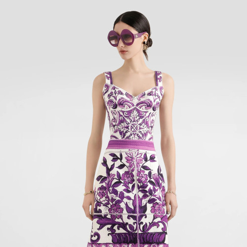 NIGO Dolce&Gabbana Women's Summer Majolica Print V-Neck Bustier Camisole Sleeveless Tank Top Vest Ngvp #nigo2319