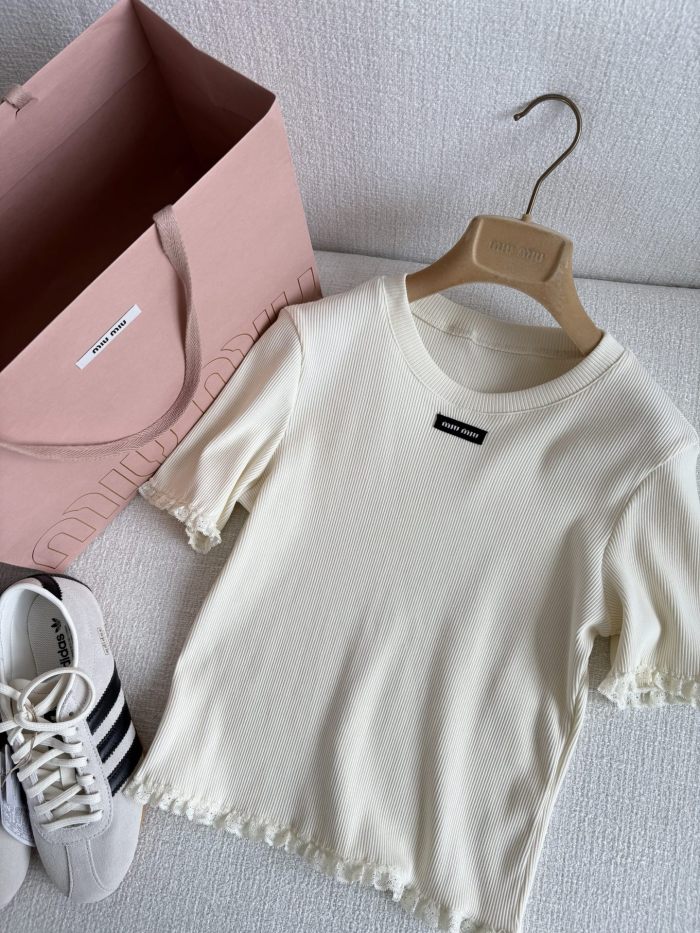 NIGO MiuMiu Lace White Knitted T-shirt Women's Spring And Summer Fashionable And Elegant Slim Patch Logo Round Neck Short-sleeved T-shirt Tops #nigo81439