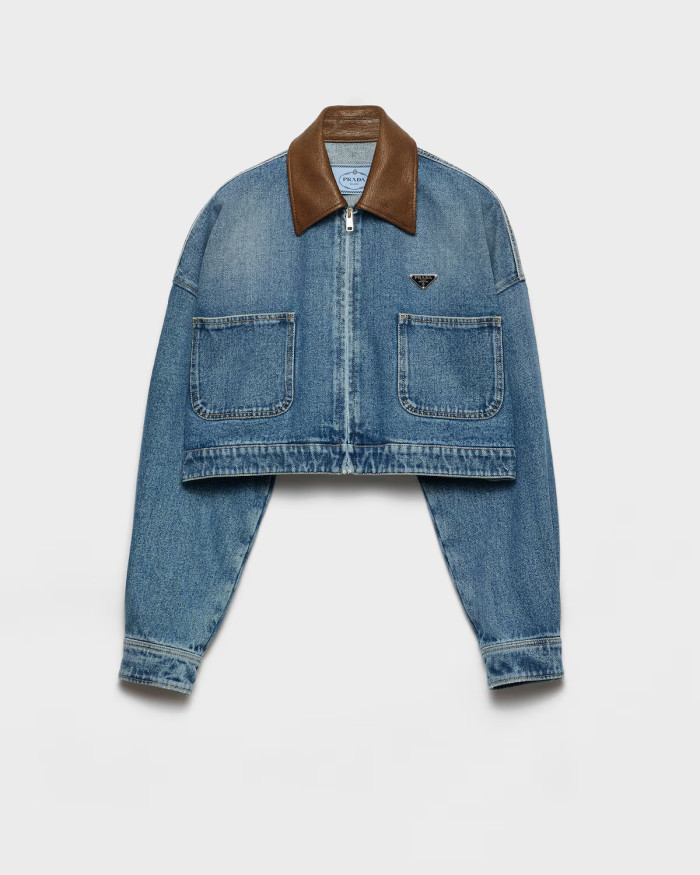 NIGO Prada Women's Vintage Patchwork Leather Collar Spring/Fall Solid Color Logo Zipper Short Cotton Denim Jacket #nigo81525