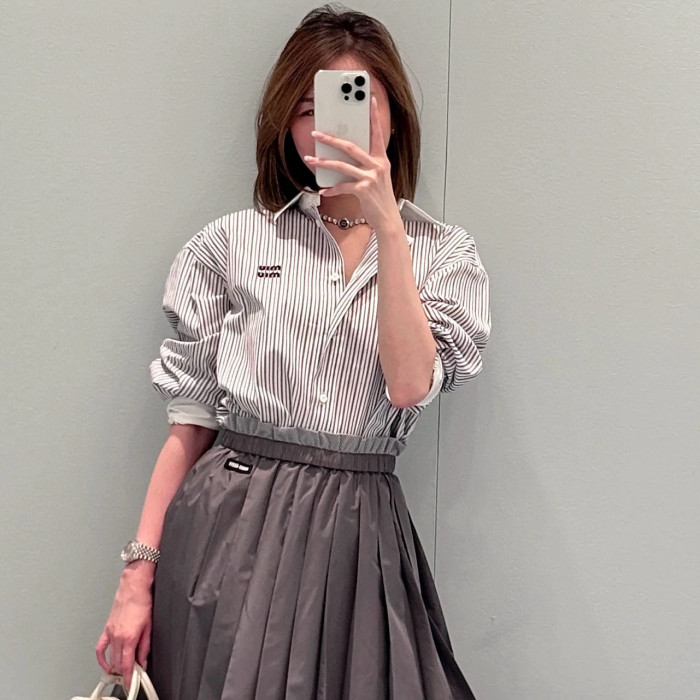 NIGO MiuMiu Women's Spring/Fall Fashion Casual Collared Single-Breasted Cotton Striped Shirt #nigo78474