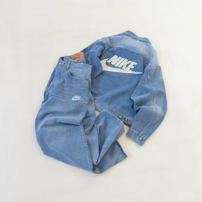 NIGO Nike x Levi's Men's Spring/fall Fashion Casual Loose Fit Single Breasted Collared Double Pocket Denim Jacket Letter Printed Loose Fit Casual Denim Pants Suit Set #nigo78496