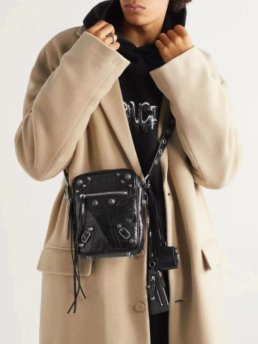 NIGO Balenciaga LE CAGOLE Men's and Women's Unisex Fashion Casual Solid-Color Leather Adjustable Strap Vertical Motorcycle Bag Shoulder Bag Crossbody Bag  Bags #nigo78491