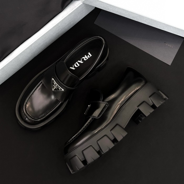 NIGO Prada Women's Spring/Fall Fashion Classic Round Toe Lace Up Slip On Triangle Logo Emblem Leather Chunky Sole Loafers Shoes #nigo78529