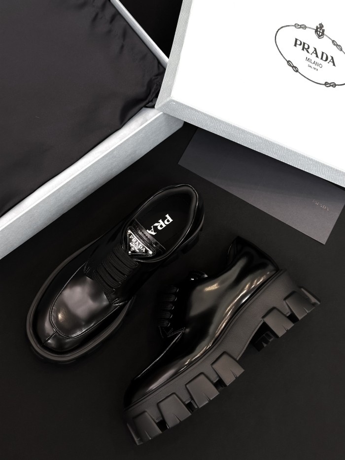 NIGO Prada Women's Spring/Fall Fashion Classic Round Toe Lace Up Slip On Triangle Logo Emblem Leather Chunky Sole Loafers Shoes #nigo78529
