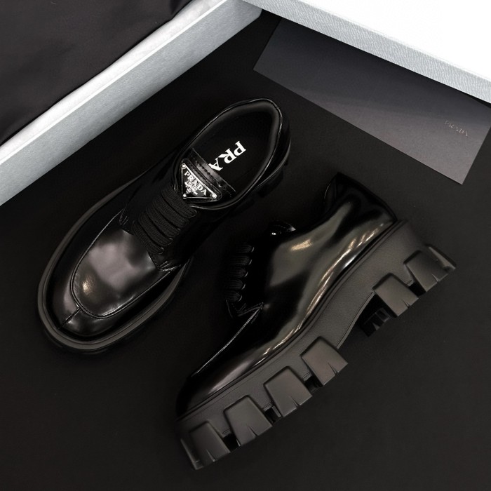 NIGO Prada Women's Spring/Fall Fashion Classic Round Toe Lace Up Slip On Triangle Logo Emblem Leather Chunky Sole Loafers Shoes #nigo78529