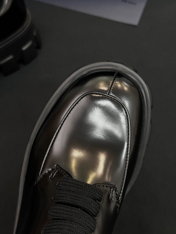 NIGO Prada Women's Spring/Fall Fashion Classic Round Toe Lace Up Slip On Triangle Logo Emblem Leather Chunky Sole Loafers Shoes #nigo78529