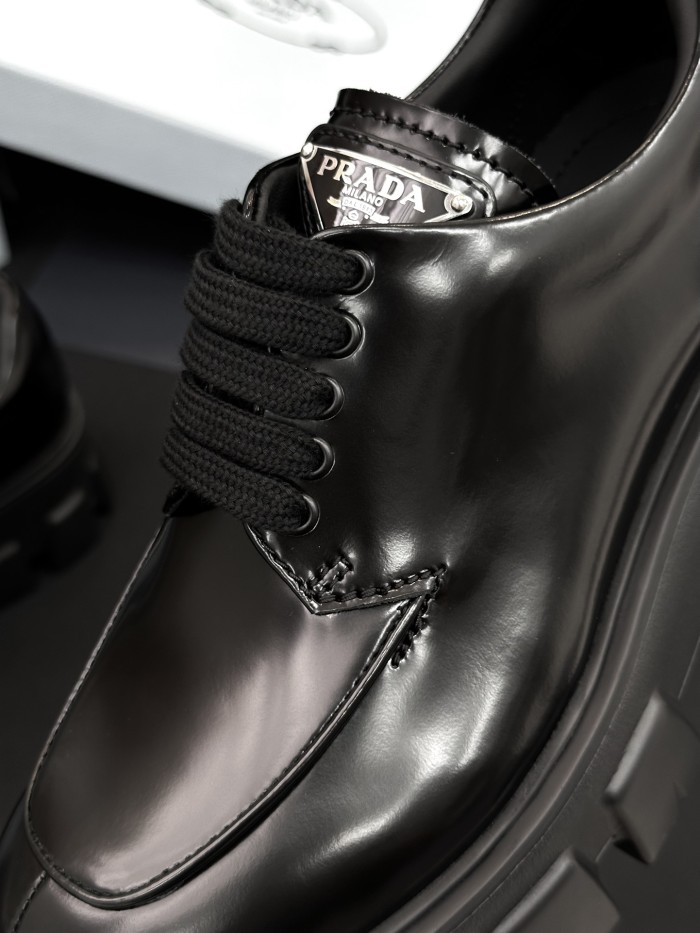 NIGO Prada Women's Spring/Fall Fashion Classic Round Toe Lace Up Slip On Triangle Logo Emblem Leather Chunky Sole Loafers Shoes #nigo78529