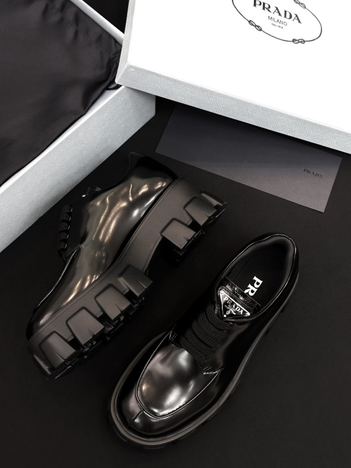 NIGO Prada Women's Spring/Fall Fashion Classic Round Toe Lace Up Slip On Triangle Logo Emblem Leather Chunky Sole Loafers Shoes #nigo78529