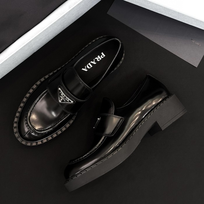 NIGO Prada Women's Spring/Fall Fashion Classic Round Toe Lace Up Slip On Triangle Logo Emblem Leather Chunky Sole Loafers Shoes #nigo78529