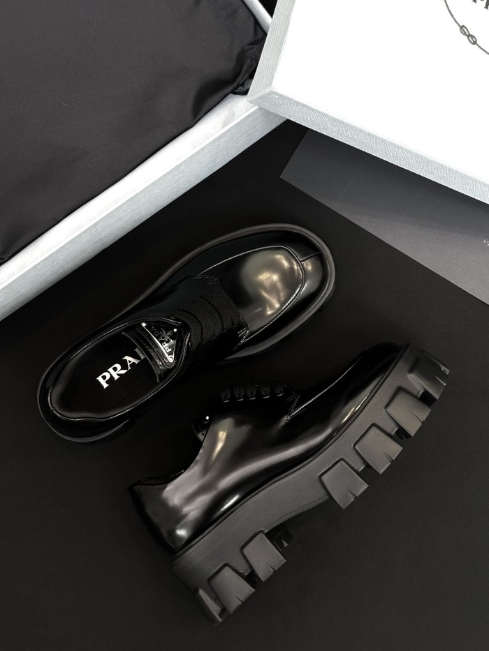 NIGO Prada Women's Spring/Fall Fashion Classic Round Toe Lace Up Slip On Triangle Logo Emblem Leather Chunky Sole Loafers Shoes #nigo78529