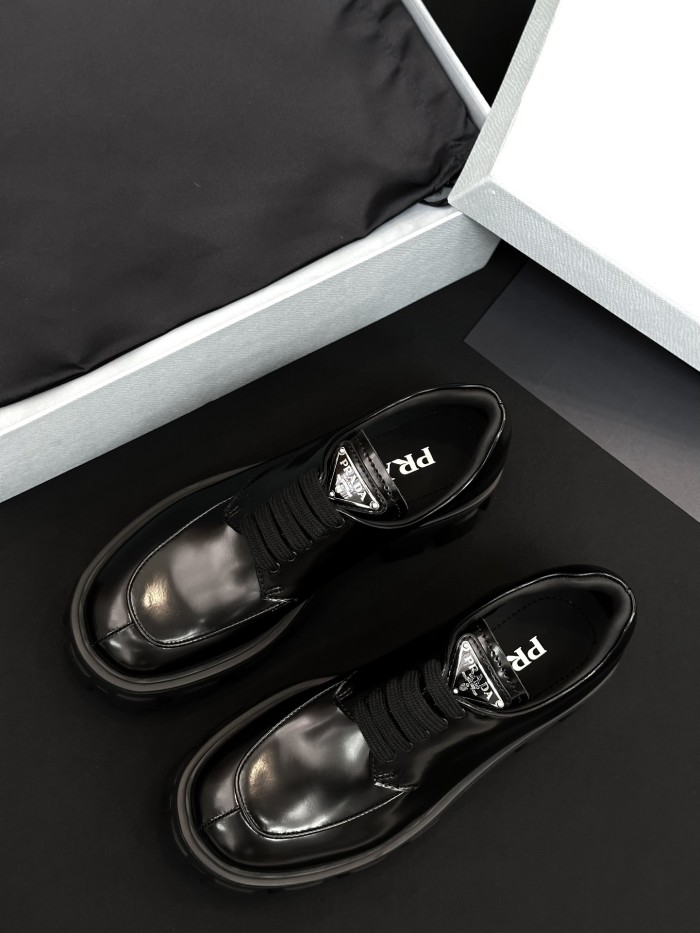 NIGO Prada Women's Spring/Fall Fashion Classic Round Toe Lace Up Slip On Triangle Logo Emblem Leather Chunky Sole Loafers Shoes #nigo78529