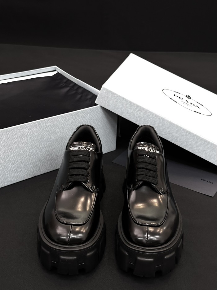 NIGO Prada Women's Spring/Fall Fashion Classic Round Toe Lace Up Slip On Triangle Logo Emblem Leather Chunky Sole Loafers Shoes #nigo78529
