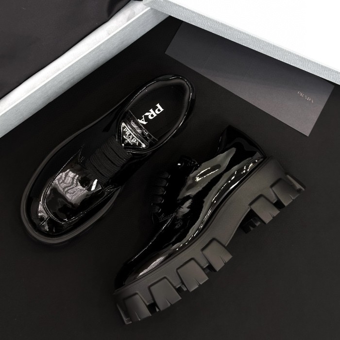 NIGO Prada Women's Spring/Fall Fashion Classic Round Toe Lace Up Slip On Triangle Logo Emblem Leather Chunky Sole Loafers Shoes #nigo78529