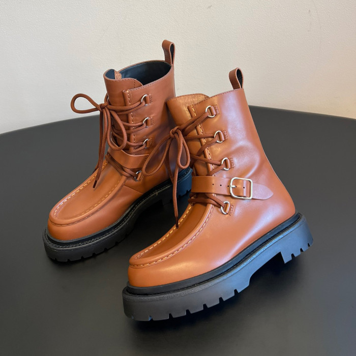 NIGO Hermes Women's Fall/Winter Land Ankle Boots Solid-Color Cowhide Lace-Up Short Boots Outdoor Boots Heel Height: 3.5cm Shoes Ngvp #nigo2325