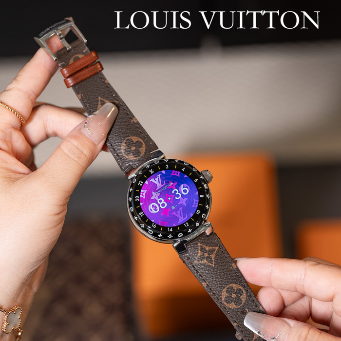 NIGO Louis Vuitton Tambour Horizon Light Up Connected Watch Men's Women's Fashion Accessories Diameter 44mm1.2 Inch Round Amoled Full Touch Screen Resolution 390*390 Sensor Actuator Life Waterproof Smart Watch #nigo81447