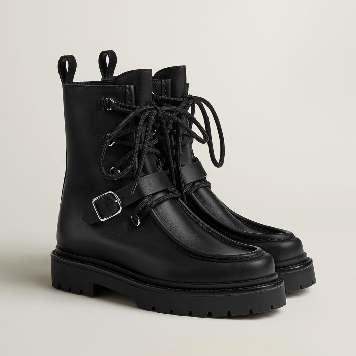 NIGO Hermes Women's Fall/Winter Land Ankle Boots Solid-Color Cowhide Lace-Up Short Boots Outdoor Boots Heel Height: 3.5cm Shoes Ngvp #nigo2325