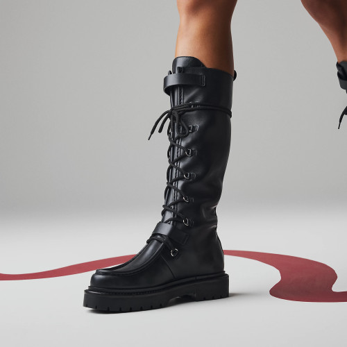 NIGO Hermes Women's Fall/Winter Landscape Boots Lace-Up Round-Toe High-Top Boots Solid-Color Cowhide Casual Shoes Heel Height: 3.5cm Ngvp #nigo2326