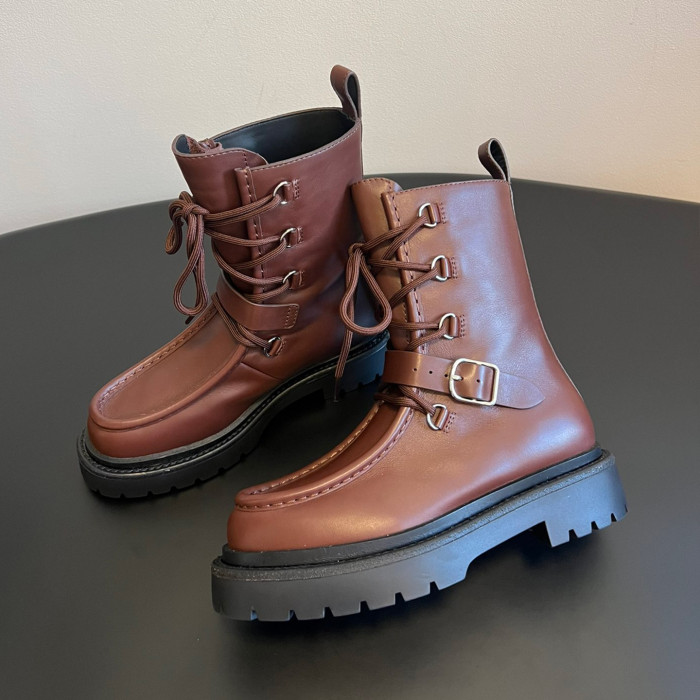 NIGO Hermes Women's Fall/Winter Land Ankle Boots Solid-Color Cowhide Lace-Up Short Boots Outdoor Boots Heel Height: 3.5cm Shoes Ngvp #nigo2325