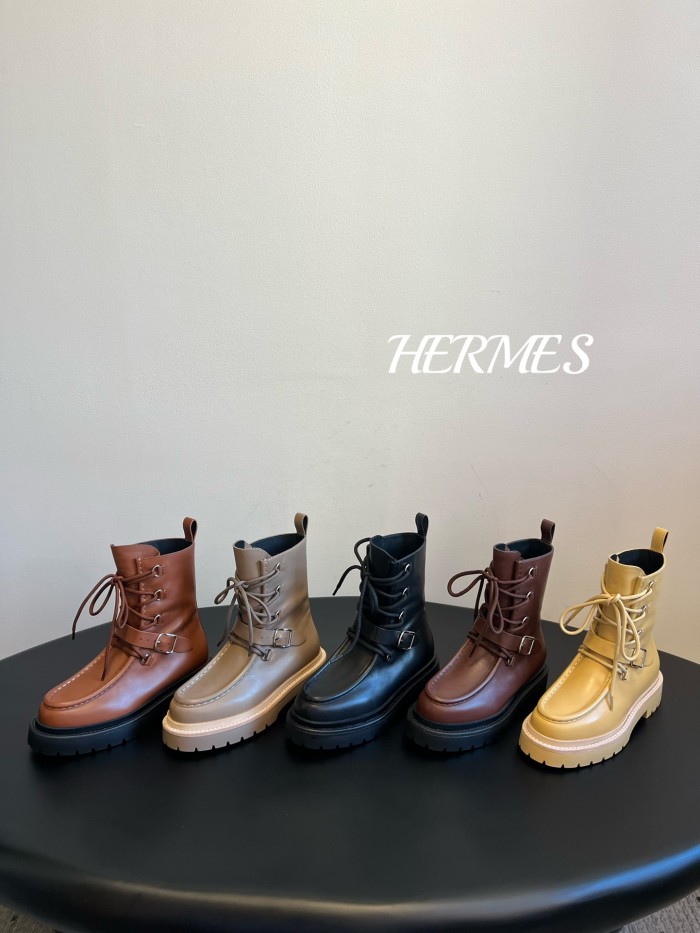 NIGO Hermes Women's Fall/Winter Land Ankle Boots Solid-Color Cowhide Lace-Up Short Boots Outdoor Boots Heel Height: 3.5cm Shoes Ngvp #nigo2325