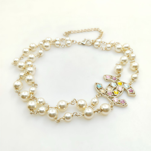 NIGO Chanel Women's Fashion Classic Colored Diamond Five Pointed Star Pearl Double Layer Necklace Brass Material Necklace Jewelry Accessories #nigo78556