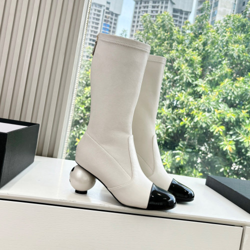 NIGO Chanel Women's Fall/winter Fashion Classic Round Toe Sheepskin Double C Oversized Pearl Heel Stretch Mid Calf Boots Long Boots Shoes #nigo78546