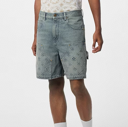 NIGO Louis Vuitton Men's Summer Fashion Casual Collared Single Button Classic Embossed Denim Short Sleeve Shirt Classic Print Zipper Mid Rise Workwear Denim Shorts Suit Set #nigo78561