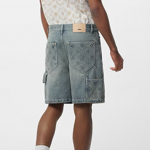 NIGO Louis Vuitton Men's Summer Fashion Casual Collared Single Button Classic Embossed Denim Short Sleeve Shirt Classic Print Zipper Mid Rise Workwear Denim Shorts Suit Set #nigo78561
