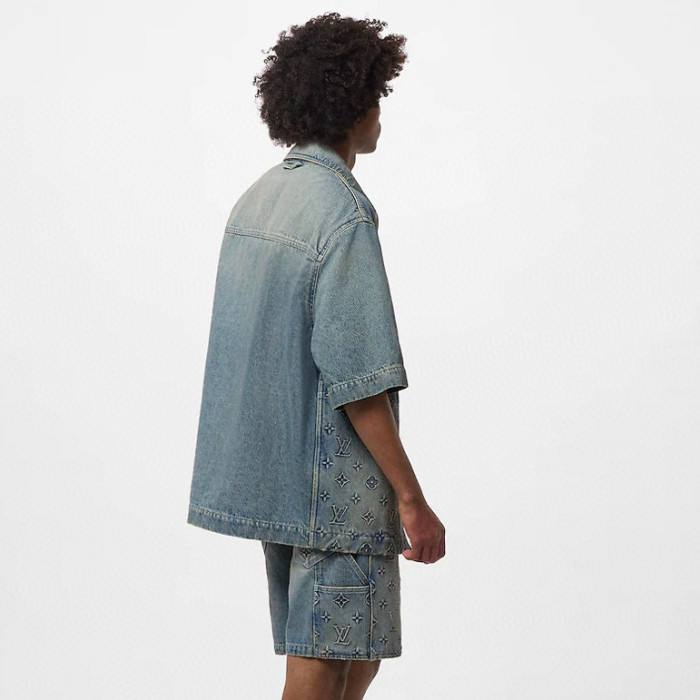 NIGO Louis Vuitton Men's Summer Fashion Casual Collared Single Button Classic Embossed Denim Short Sleeve Shirt Classic Print Zipper Mid Rise Workwear Denim Shorts Suit Set #nigo78561