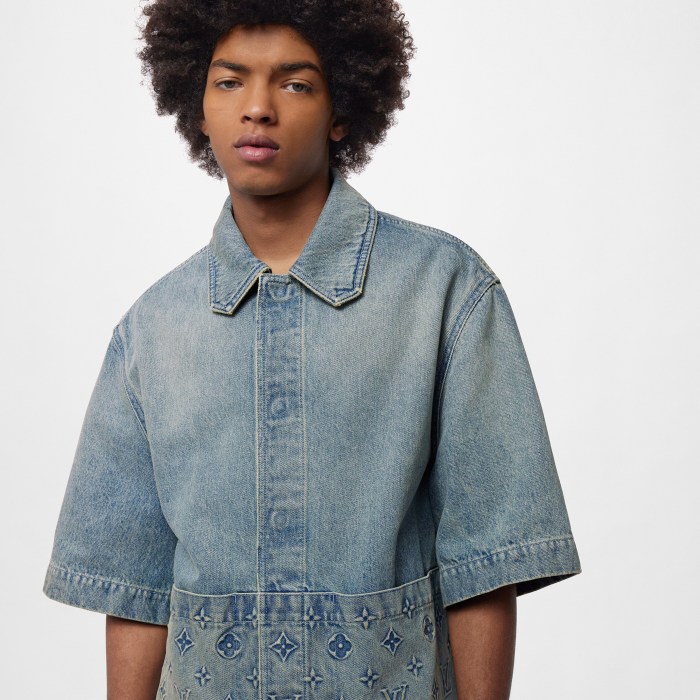 NIGO Louis Vuitton Men's Summer Fashion Casual Collared Single Button Classic Embossed Denim Short Sleeve Shirt Classic Print Zipper Mid Rise Workwear Denim Shorts Suit Set #nigo78561