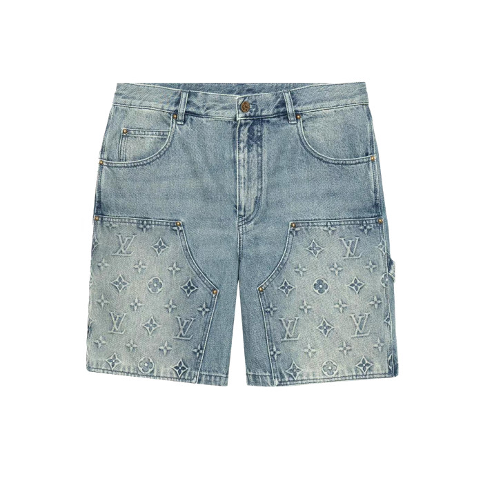 NIGO Louis Vuitton Men's Summer Fashion Casual Collared Single Button Classic Embossed Denim Short Sleeve Shirt Classic Print Zipper Mid Rise Workwear Denim Shorts Suit Set #nigo78561
