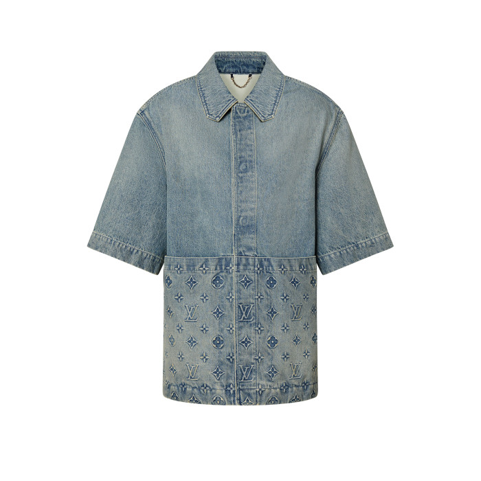 NIGO Louis Vuitton Men's Summer Fashion Casual Collared Single Button Classic Embossed Denim Short Sleeve Shirt Classic Print Zipper Mid Rise Workwear Denim Shorts Suit Set #nigo78561
