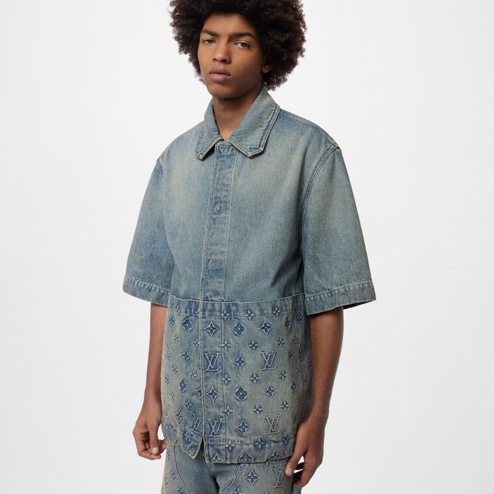 NIGO Louis Vuitton Men's Summer Fashion Casual Collared Single Button Classic Embossed Denim Short Sleeve Shirt Classic Print Zipper Mid Rise Workwear Denim Shorts Suit Set #nigo78561