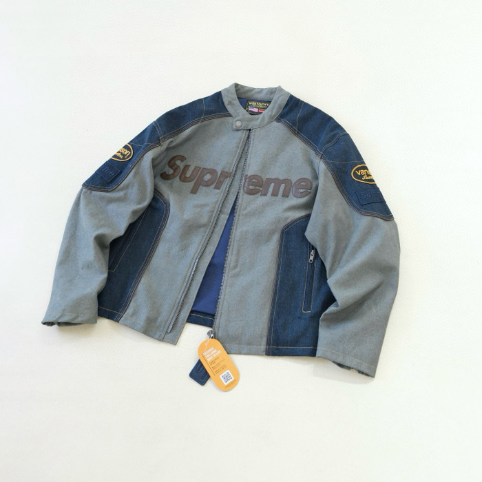 NIGO Supreme x Vanson Leathers x Cordura Men's And Women's Spring/Fall Fashion Casual High Neck Leather Logo Zipper Patchwork American Style Jacket #nigo78582