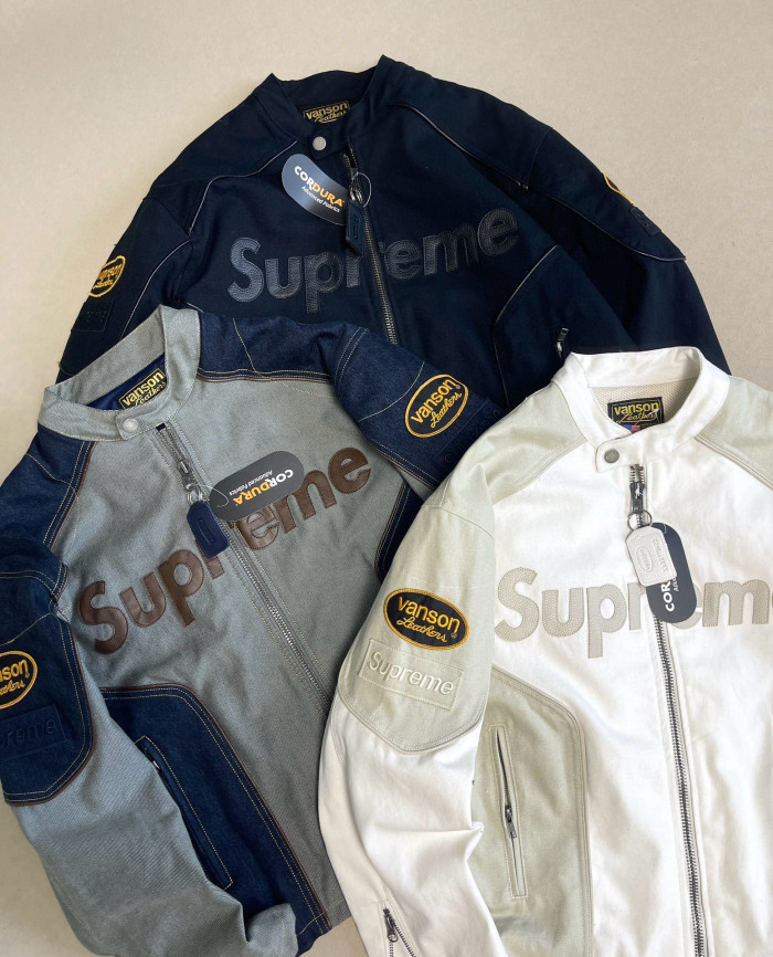 NIGO Supreme x Vanson Leathers x Cordura Men's And Women's Spring/Fall Fashion Casual High Neck Leather Logo Zipper Patchwork American Style Jacket #nigo78582