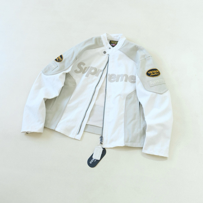 NIGO Supreme x Vanson Leathers x Cordura Men's And Women's Spring/Fall Fashion Casual High Neck Leather Logo Zipper Patchwork American Style Jacket #nigo78582