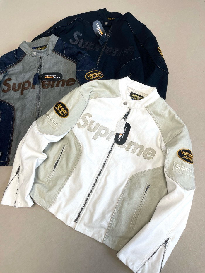 NIGO Supreme x Vanson Leathers x Cordura Men's And Women's Spring/Fall Fashion Casual High Neck Leather Logo Zipper Patchwork American Style Jacket #nigo78582