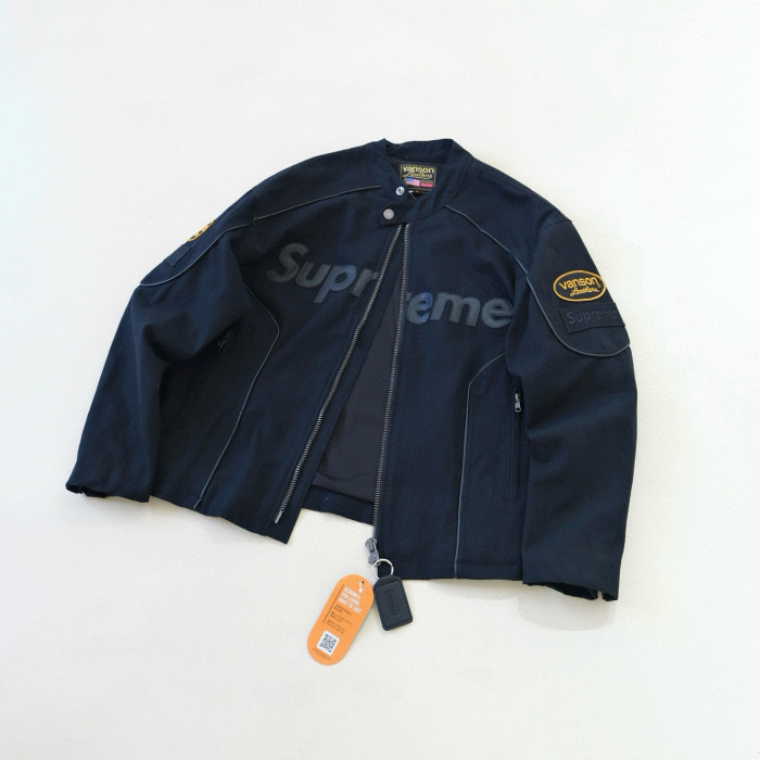 NIGO Supreme x Vanson Leathers x Cordura Men's And Women's Spring/Fall Fashion Casual High Neck Leather Logo Zipper Patchwork American Style Jacket #nigo78582