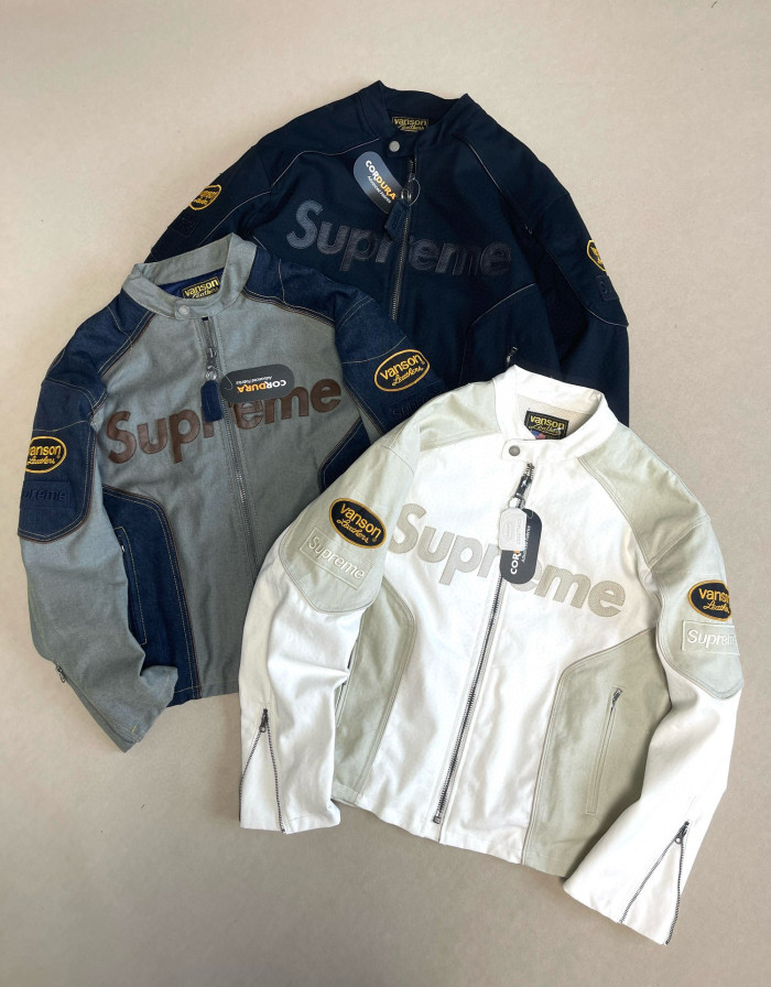 NIGO Supreme x Vanson Leathers x Cordura Men's And Women's Spring/Fall Fashion Casual High Neck Leather Logo Zipper Patchwork American Style Jacket #nigo78582