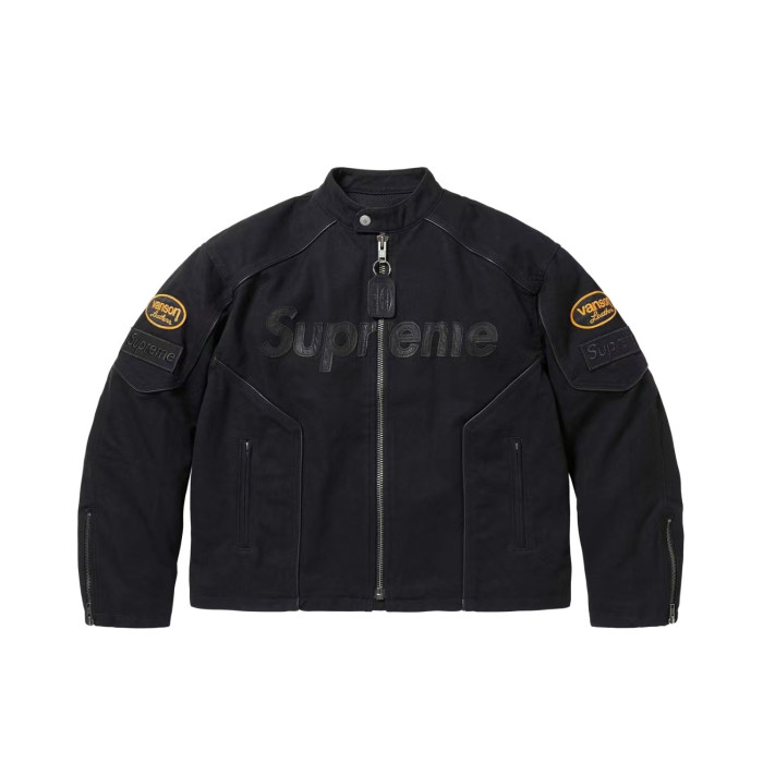 NIGO Supreme x Vanson Leathers x Cordura Men's And Women's Spring/Fall Fashion Casual High Neck Leather Logo Zipper Patchwork American Style Jacket #nigo78582